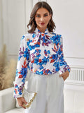 Floral Tie Neck Long Sleeve Blouse - Trendsi - Flyclothing LLC