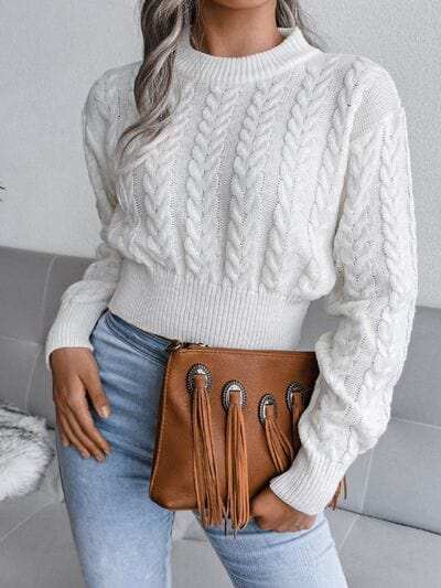 Cable-Knit Round Neck Sweater - Trendsi - Flyclothing LLC