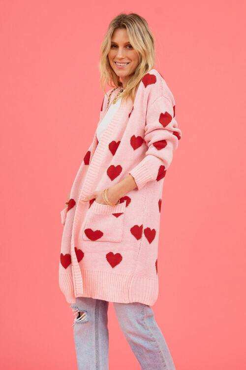 Heart Graphic Open Front Cardigan with Pockets - Trendsi - Flyclothing LLC