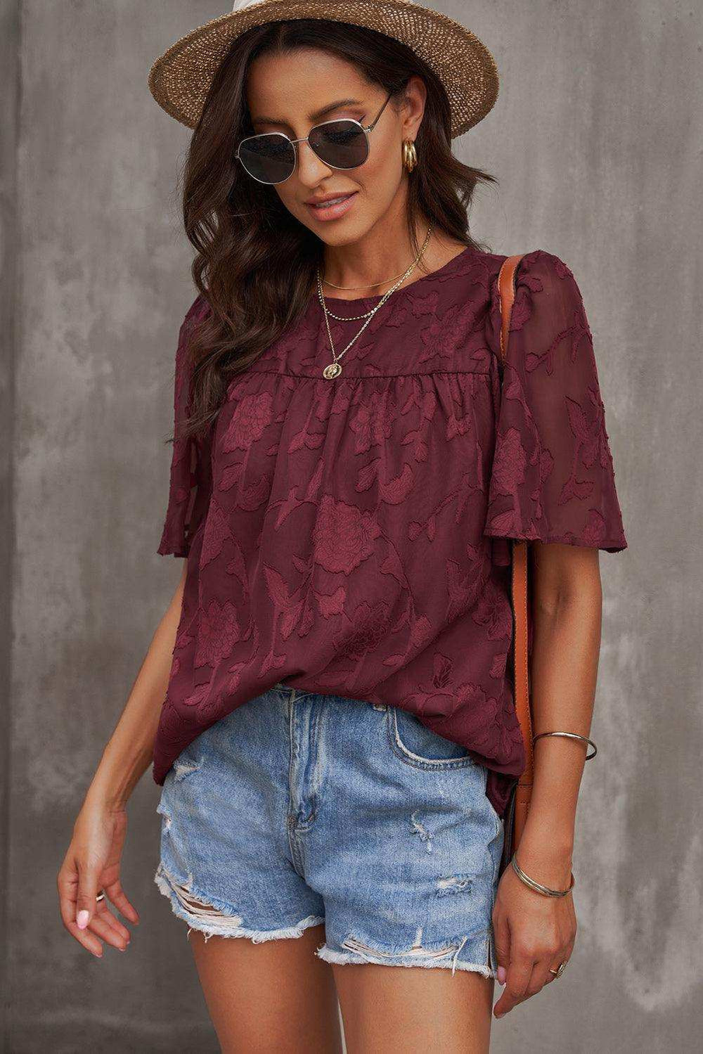 Round Neck Puff Sleeve Blouse - Trendsi - Flyclothing LLC