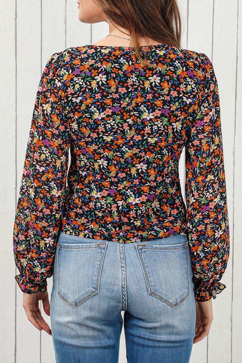 Plus Size Printed Surplice Neck Long Sleeve Blouse - Trendsi - Flyclothing LLC