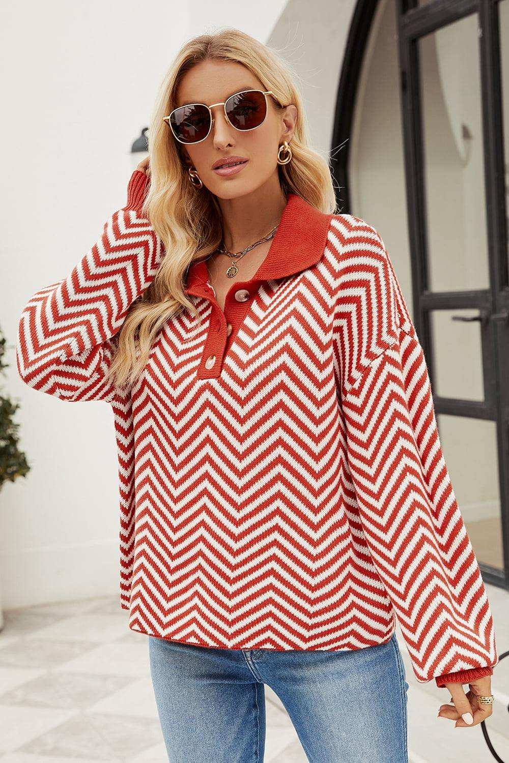 Striped Collared Neck Buttoned Pullover Sweater - Trendsi - Flyclothing LLC