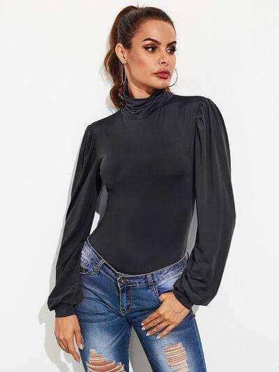 Backless Tie-Waist Turtleneck Lantern Sleeve Bodysuit - Trendsi - Flyclothing LLC