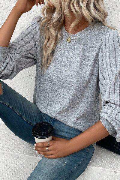Ribbed Round Neck Long Sleeve Knit Top - Trendsi - Flyclothing LLC