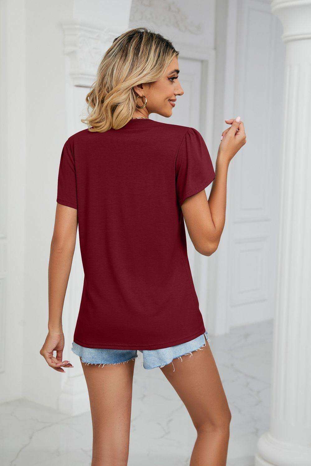 Contrast Trim Petal Sleeve V-Neck Top - Trendsi - Flyclothing LLC