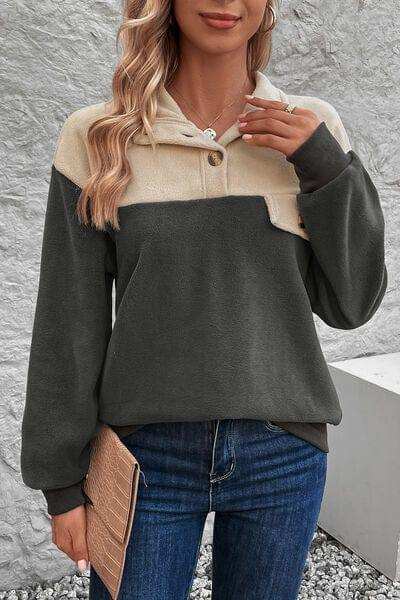 Color Block Quarter Button Dropped Shoulder Sweatshirt - Trendsi - Flyclothing LLC