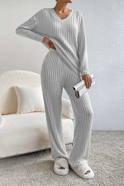 Ribbed V-Neck Top and Pants Lounge Set - Trendsi - Flyclothing LLC