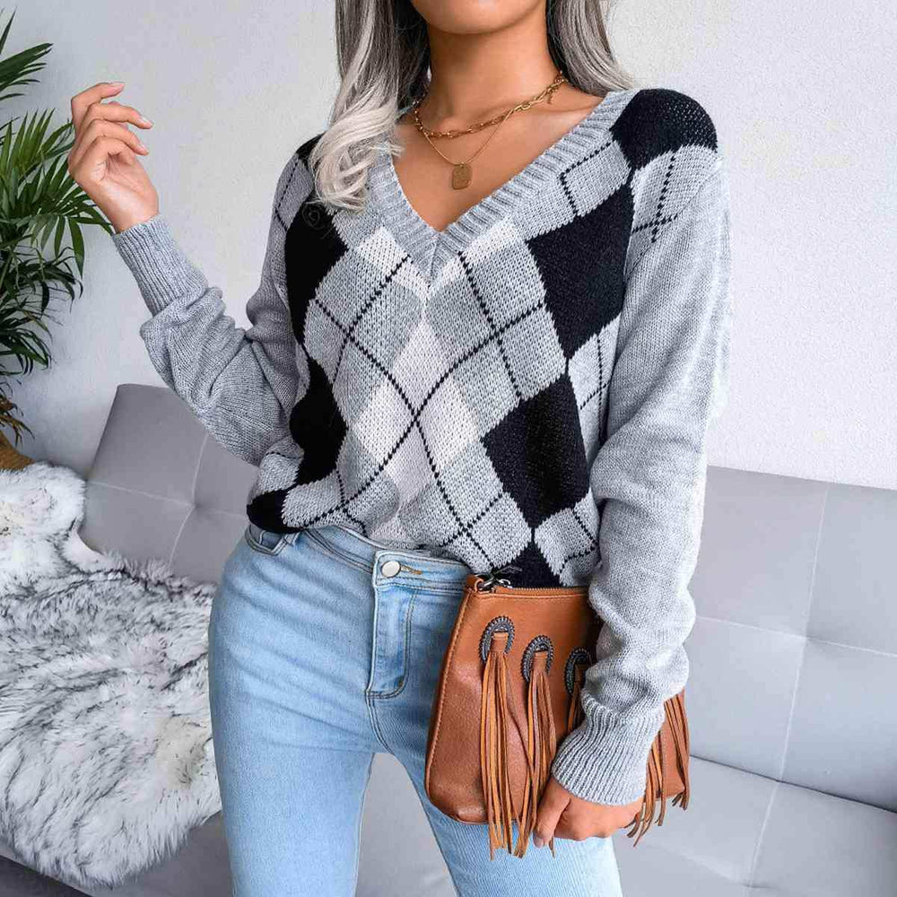 Geometric V-Neck Sweater - Trendsi - Flyclothing LLC