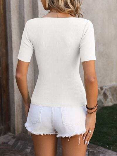 Square Neck Short Sleeve Sweater - Trendsi - Flyclothing LLC