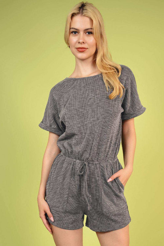 Round Neck Short Sleeve Romper with Pockets - Trendsi - Flyclothing LLC