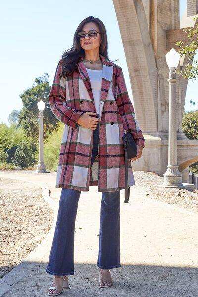 Double Take Full Size Plaid Button Up Lapel Collar Coat - Trendsi - Flyclothing LLC