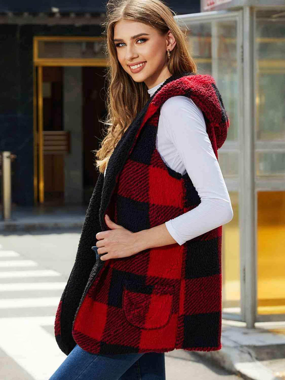 Plaid Hooded Vest - Trendsi - Flyclothing LLC