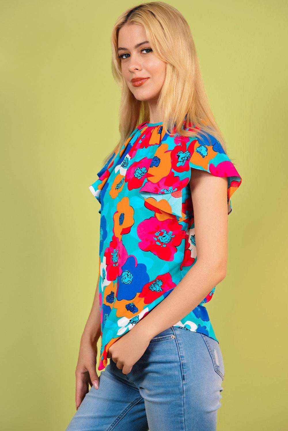 Floral Round Neck Tied Blouse - Trendsi - Flyclothing LLC