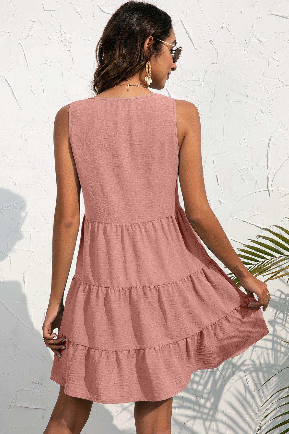 Decorative Button V-Neck Tiered Sleeveless Dress - Trendsi - Flyclothing LLC