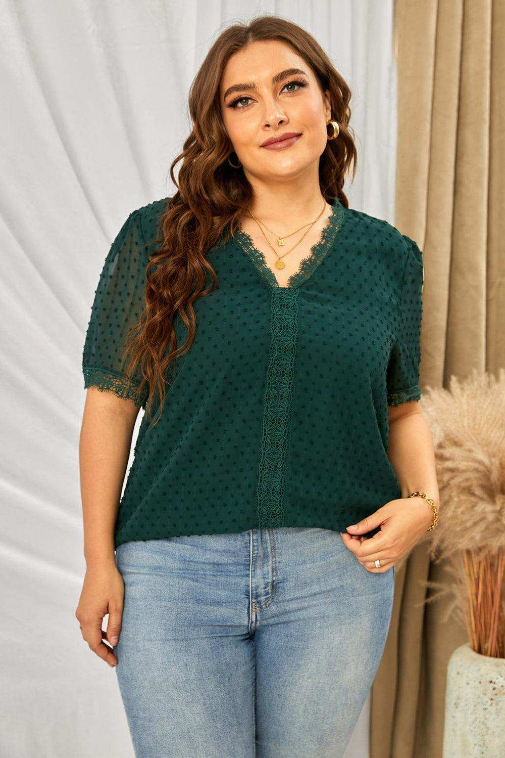 Plus Size Swiss Dot Spliced Lace V-Neck Blouse - Trendsi - Flyclothing LLC