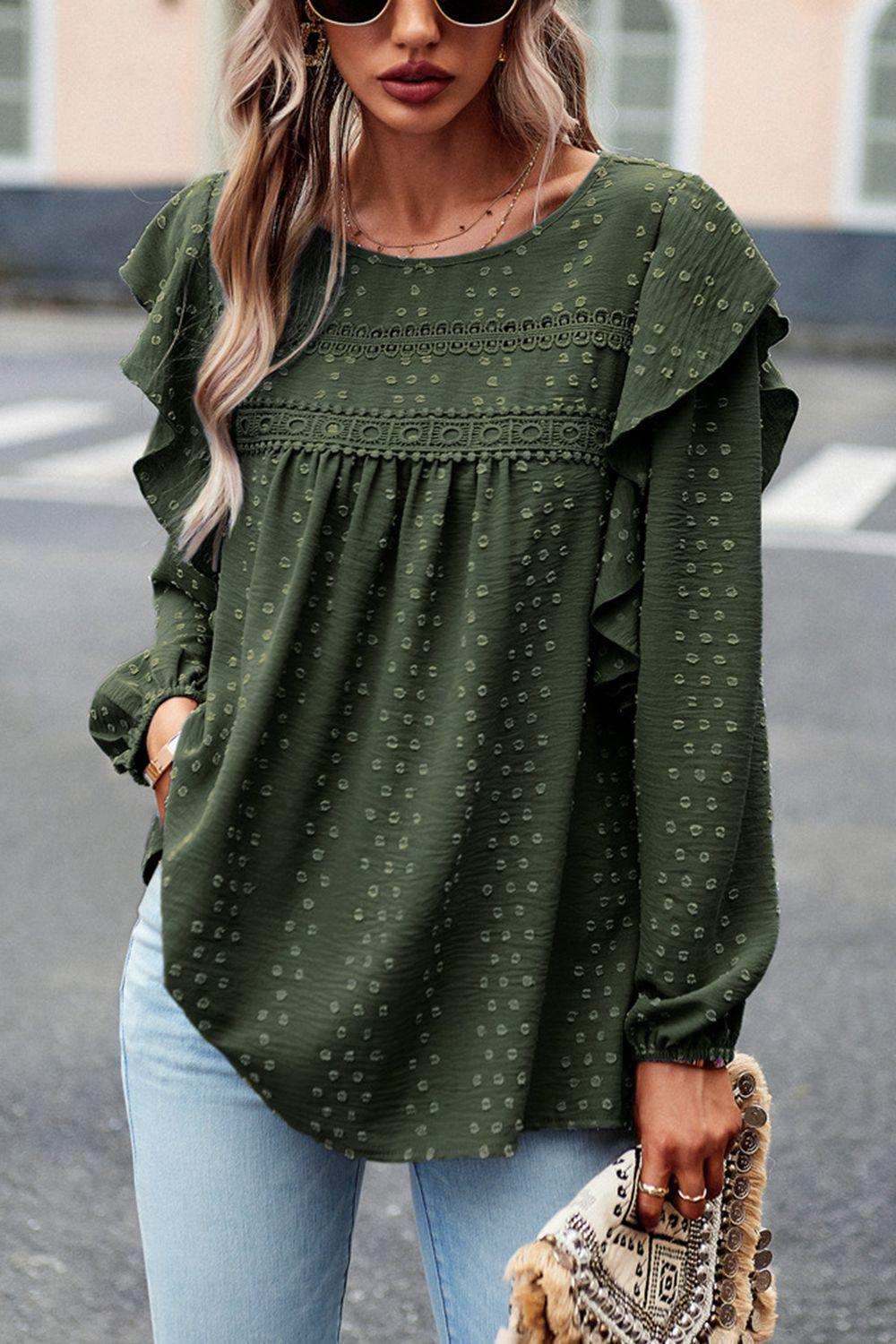 Ruffle Trim Balloon Sleeve Blouse - Trendsi - Flyclothing LLC