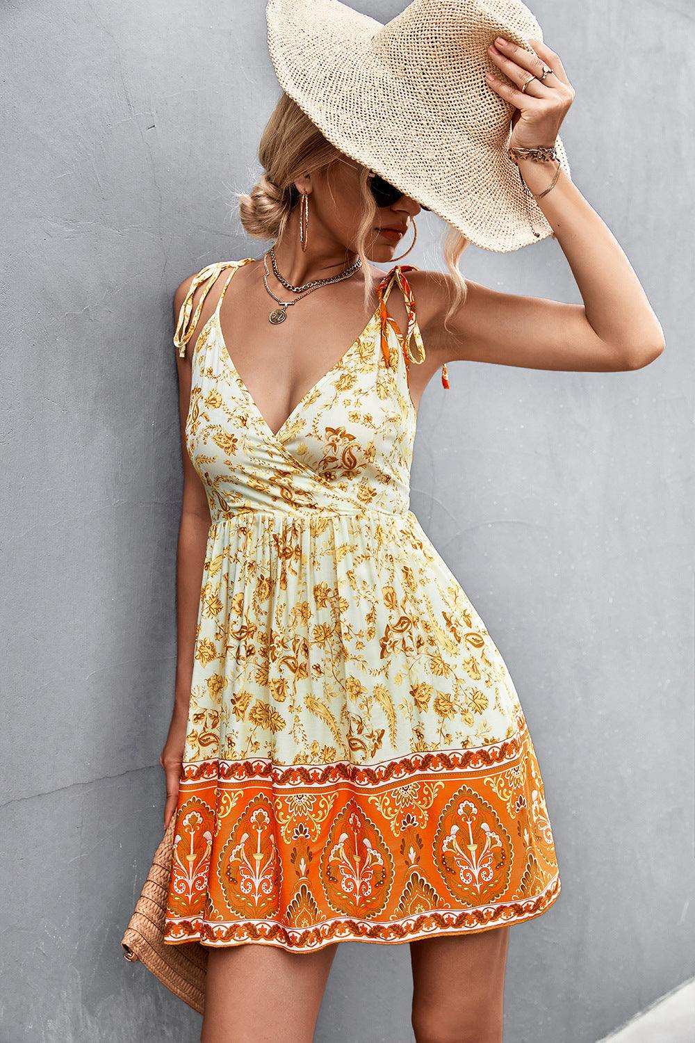 Bohemian Tie Shoulder Surplice Backless Dress - Trendsi - Flyclothing LLC