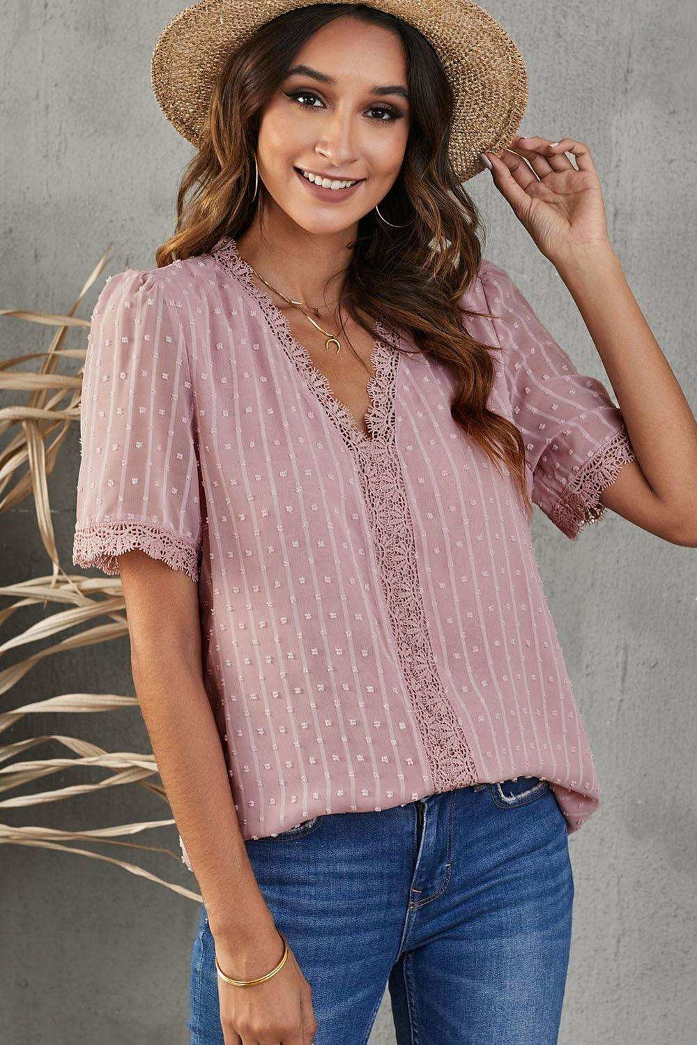 Swiss Dot Lace Trim Plunge Blouse - Trendsi - Flyclothing LLC