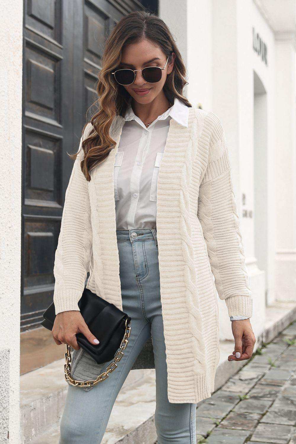 Open Front Cable-Knit Cardigan - Trendsi - Flyclothing LLC