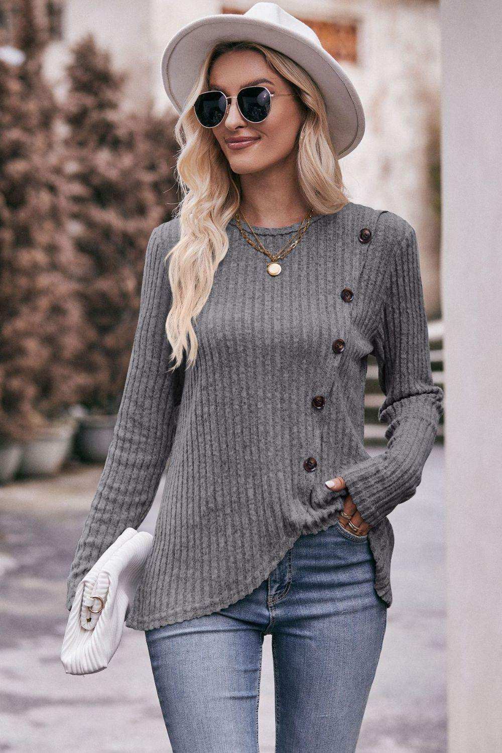 Ribbed Round Neck Buttoned Long Sleeve Tee - Trendsi - Flyclothing LLC