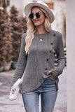 Ribbed Round Neck Buttoned Long Sleeve Tee - Trendsi - Flyclothing LLC