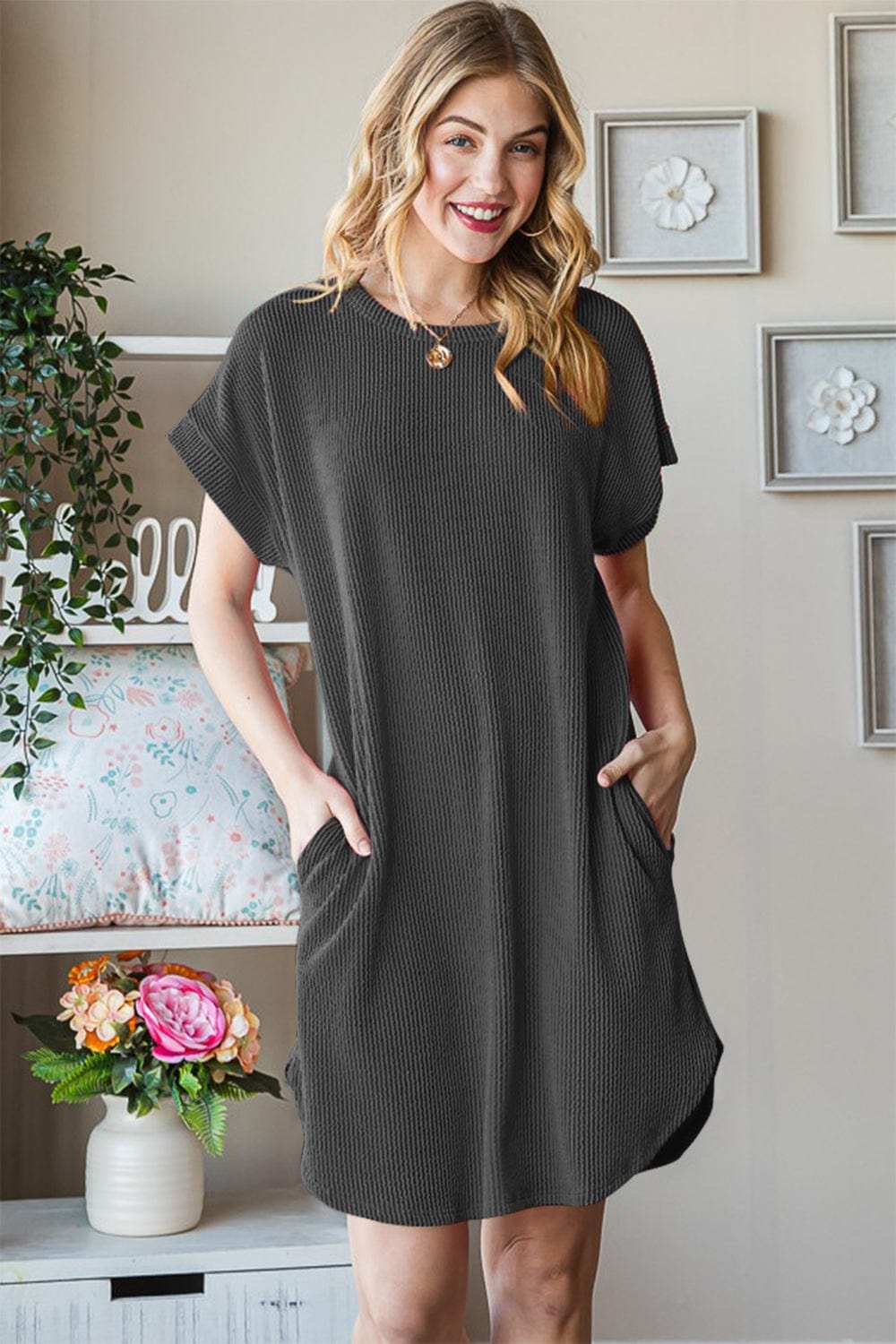 Heimish Full Size Ribbed Round Neck Short Sleeve Tee Dress - Trendsi - Flyclothing LLC