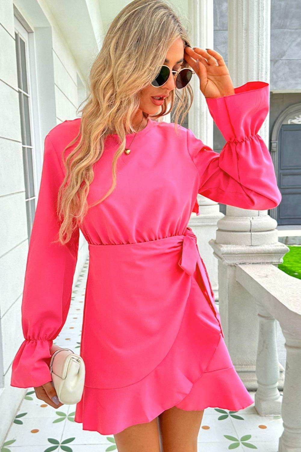Round Neck Flounce Sleeve Ruffle Hem Mini Dress - Trendsi - Flyclothing LLC