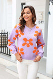 Floral Print Round Neck Dropped Shoulder Pullover Sweater - Trendsi - Flyclothing LLC