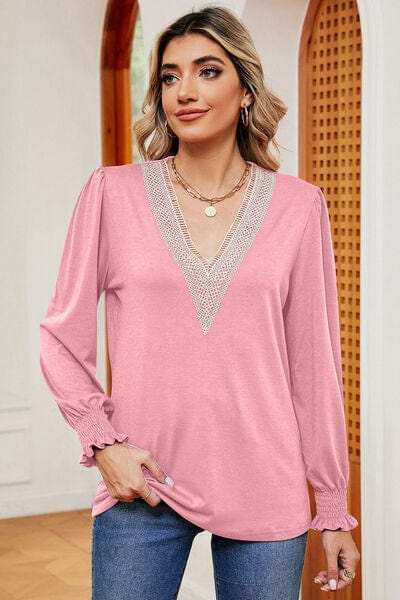 Lace Detail V-Neck Lantern Sleeve T-Shirt - Trendsi - Flyclothing LLC