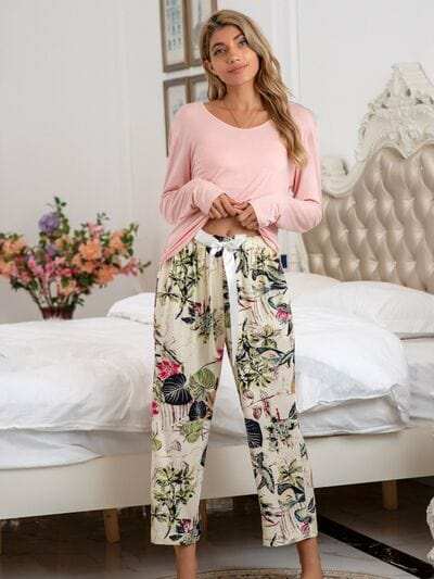 Round Neck Top and Printed Pants Lounge Set - Trendsi - Flyclothing LLC