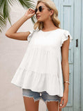 Round Neck Flutter Sleeve Tiered Blouse - Trendsi - Flyclothing LLC