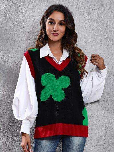Four Leaf Clover V-Neck Sweater Vest - Trendsi - Flyclothing LLC