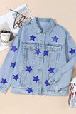 Pocketed Geometric Collared Neck Denim Jacket - Trendsi - Flyclothing LLC
