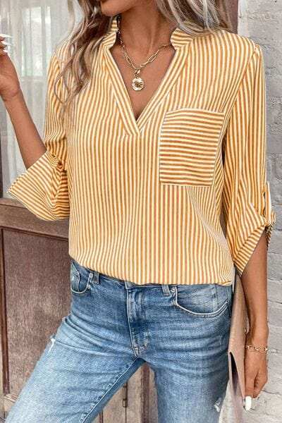 Striped Notched Roll-Tab Sleeve Shirt - Trendsi - Flyclothing LLC