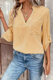 Striped Notched Roll-Tab Sleeve Shirt - Trendsi - Flyclothing LLC