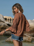 Openwork V-Neck Flounce Sleeve Blouse - Trendsi - Flyclothing LLC