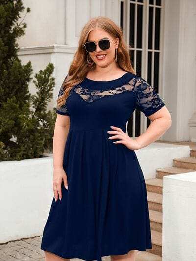 Plus Size Ruched Round Neck Short Sleeve Dress - Trendsi - Flyclothing LLC