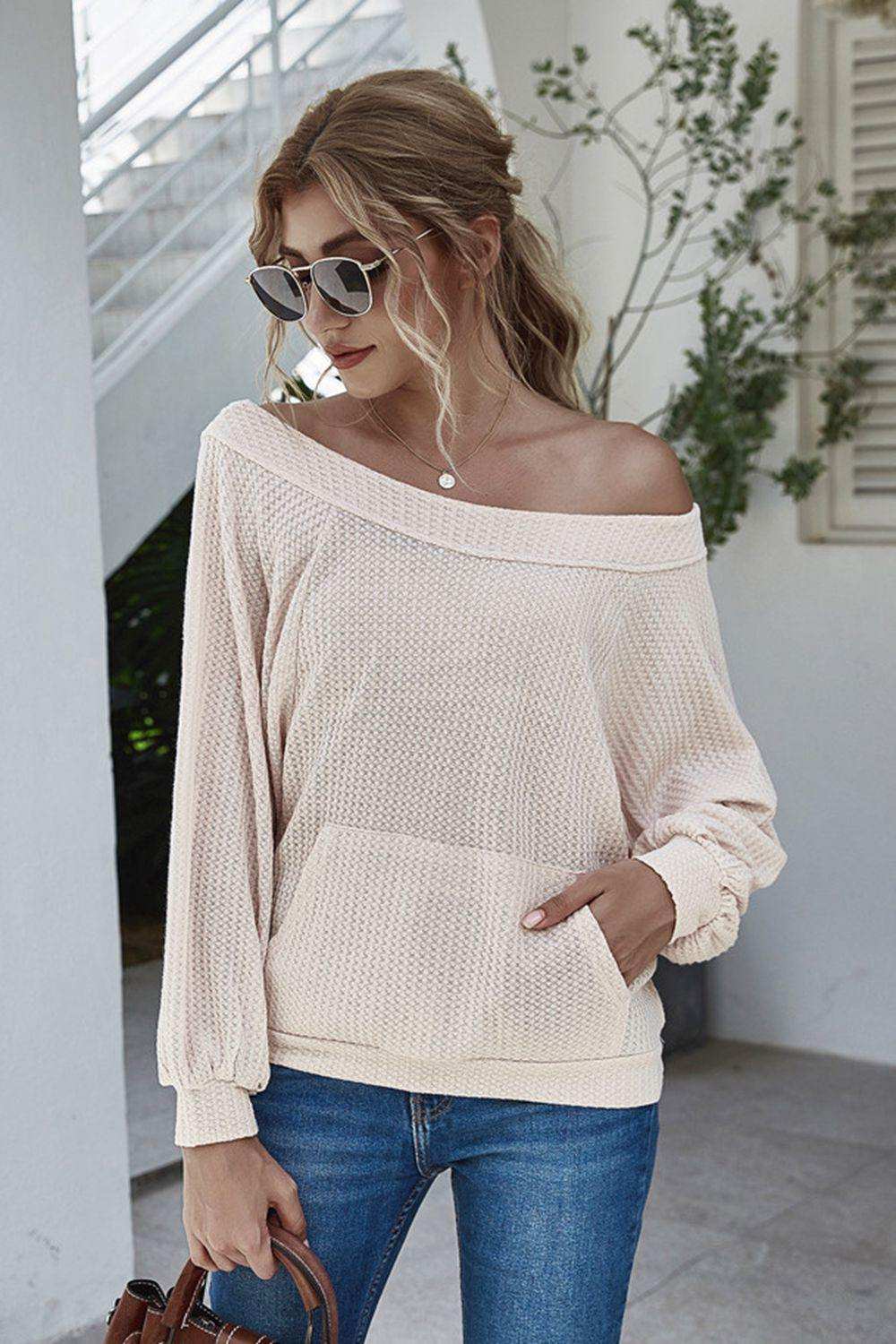 Boat Neck Waffle-knit Lantern Sleeve Blouse with Pocket - Trendsi - Flyclothing LLC