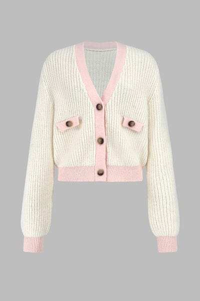 Contrast Trim Button Up Dropped Shoulder Cardigan - Trendsi - Flyclothing LLC