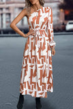 Printed One-Shoulder Tie Waist Dress - Trendsi - Flyclothing LLC