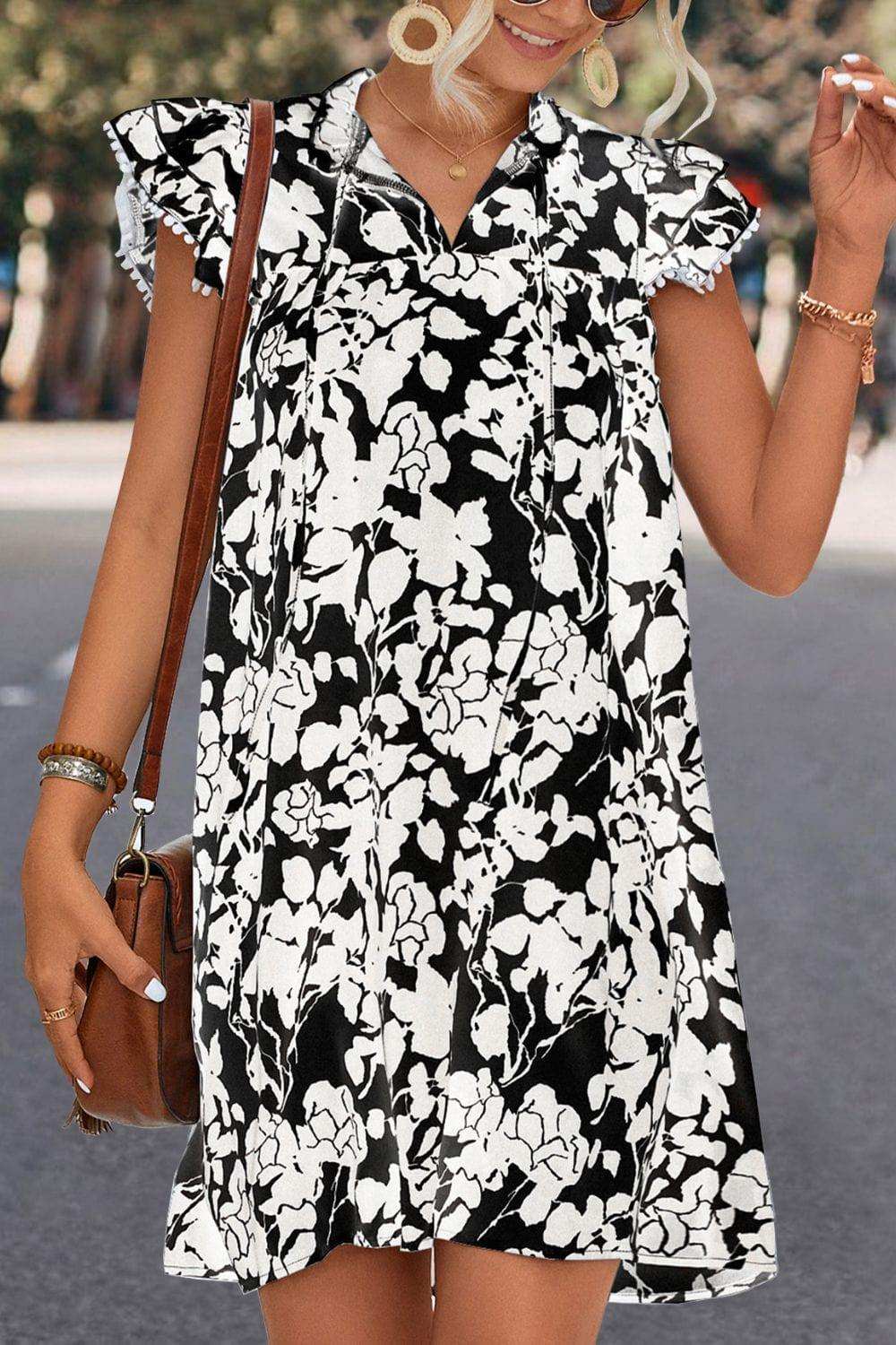 Floral Tie Neck Butterfly Sleeve Dress - Trendsi - Flyclothing LLC