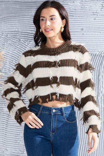 Striped Fringe Round Neck Sweater - Trendsi - Flyclothing LLC
