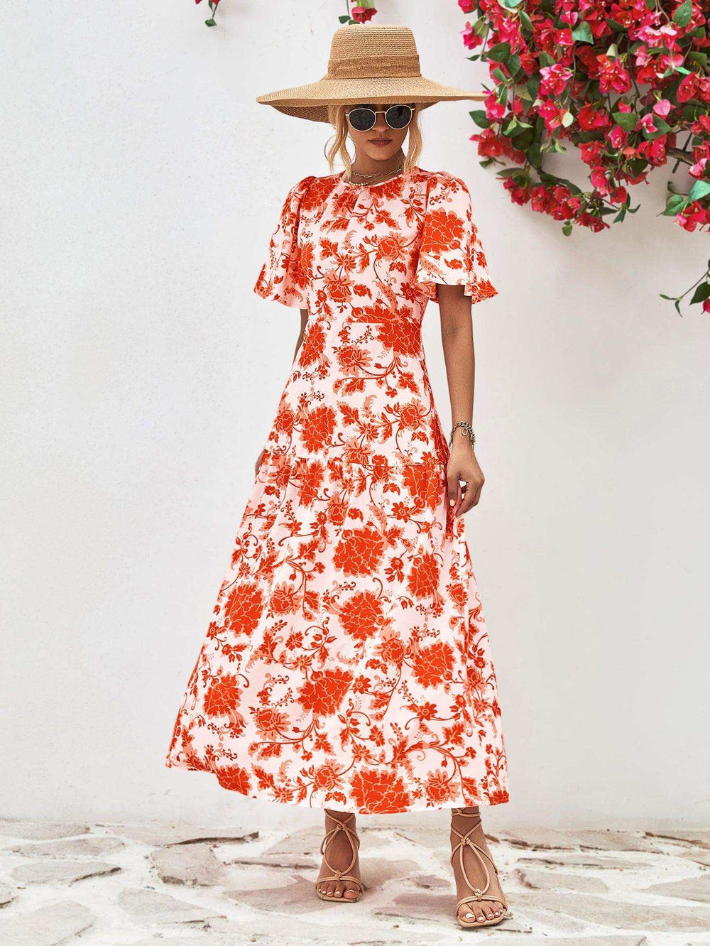 Floral Round Neck Tied Open Back Dress - Trendsi - Flyclothing LLC