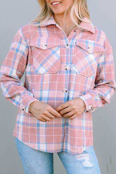 Plaid Pocketed Collared Neck Button Up Jacket - Trendsi - Flyclothing LLC