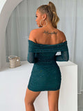 Glitter Mesh Off-Shoulder Ruched Mini Dress - Trendsi - Flyclothing LLC