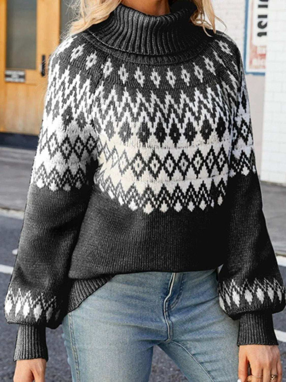 Turtleneck Lantern Sleeve Sweater - Trendsi - Flyclothing LLC