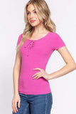 ACTIVE BASIC Lace Up Short Sleeve Rib Knit T-Shirt - Trendsi - Flyclothing LLC