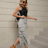 Drawstring Ruched Slit Denim Midi Skirt - Trendsi - Flyclothing LLC
