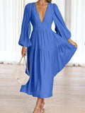 Deep V-Neck Balloon Sleeve Plain Maxi Dress - Trendsi - Flyclothing LLC