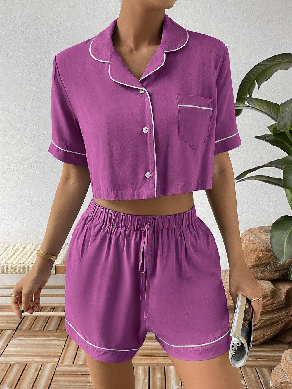 Contrast Lapel Collar Cropped Shirt and Shorts Lounge Set - Trendsi - Flyclothing LLC